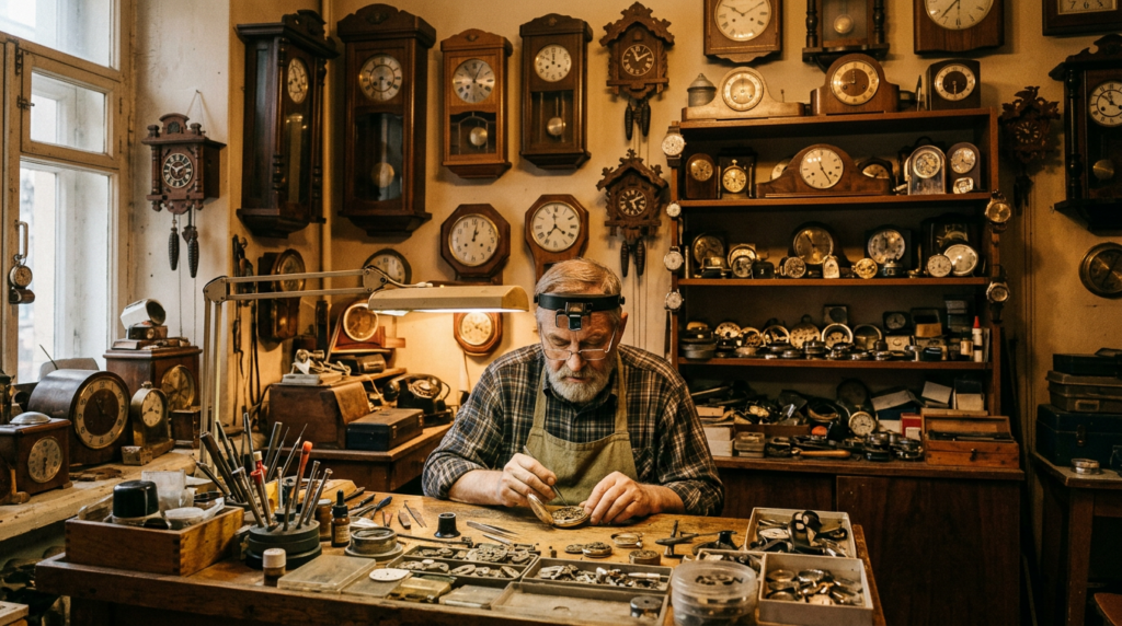 Elderly clockmaker repairing a mechanical clock surrounded by vintage clocks and tools