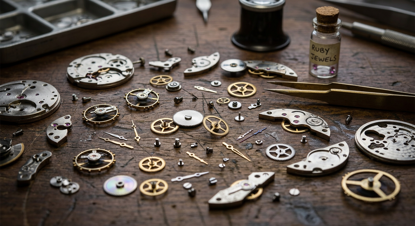 Disassembled mechanical watch parts including gears, screws, and hands on wood surface