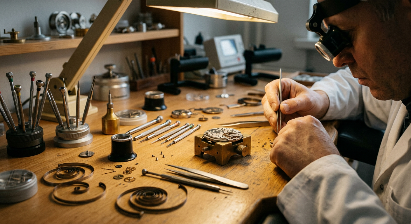 Watchmaker using magnifier and tweezers to repair watch mechanism